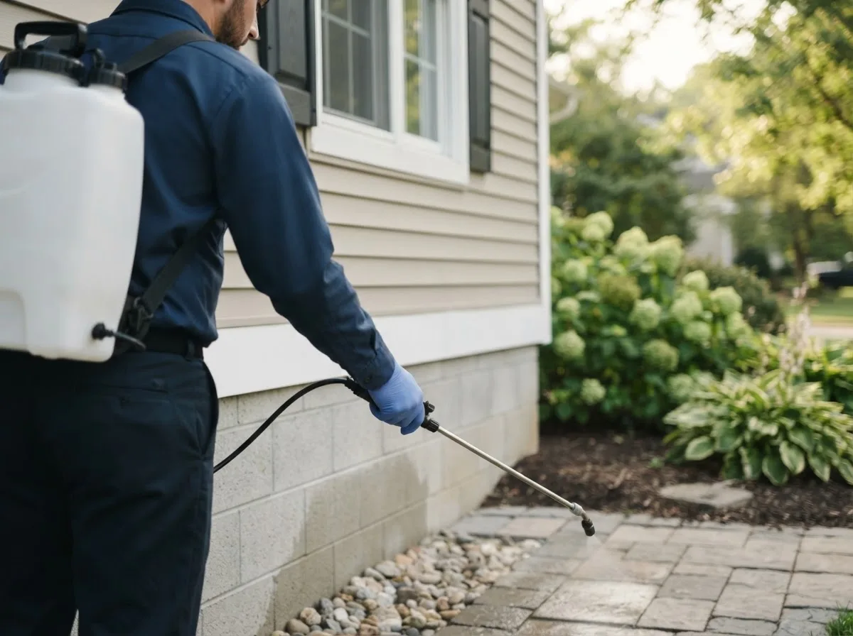 Pest control technician inspecting a home in Rock Island, TX